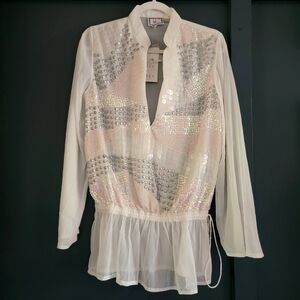 NWT Opal Monique Leshman White Sequin‎ Tunic Top Sheer Long Sleeve Blouse Medium